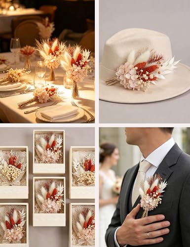 xin's convey Mini Dried Flower Bouquet Set of 6, Groom's and Best Man's Boutonnieres, Dried Flower Gift Box, Boho Wedding Plate Decoration, Birthday Cake Arrangement (Terracotta) - color: Terracotta