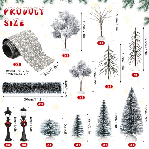 Hotop 18pc Christmas Village Accessories 47.2 Inch Village Roads Mini Snowy Trees Streets Light Lamppost Hedge Figurines Set for Display Winter Holiday Decorations DIY Crafts No Batteries(Trendy) - style: Trendy
