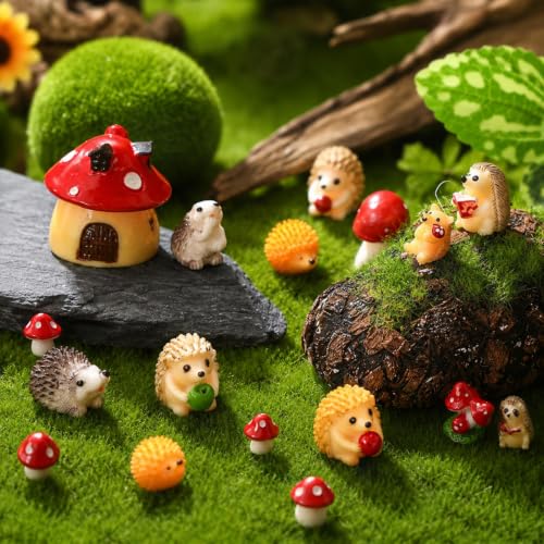 Woanger 30 Pcs Fairy Garden Accessories Hedgehog Mushroom Figurines, Cute - style: Cute