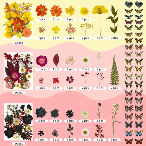 303Pcs Dried Pressed Flowers for Crafts, Dried Pressed Flowers for Resin, Natural Dried Flowers Kit with 80pcs Butterfly Stickers for DIY Resin Molds, Candles, Photo Frames, Jewelry Making, Art Crafts