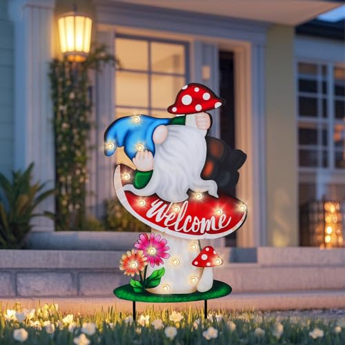WONDER GARDEN Outdoor Garden Stakes with LED Lighted Mushroom & Gnome Decor | Battery Powered, Yard Sign Stakes with Flower, Spring Decor Signs for Outdoor, Porch, Yard, Flower Bed Decor - color: red