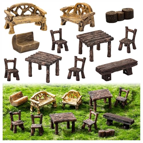 11Pieces Fairy Garden Furniture Ornaments Miniature Table and Chairs Set | Village Micro Resin Bench Chair Kit for Dollhouse Accessories Home Micro Landscape Decoration (Vintage Style) - style: Miniature