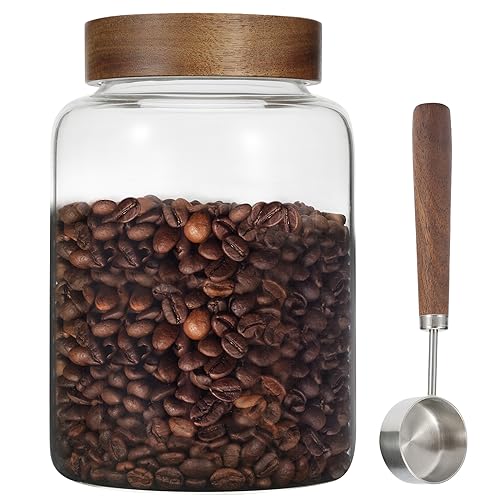 Large Glass Coffee Jars with Spoons 60 oz /1800ml, Round Storage Canister with Wooden Lid Clear Glass Food Jar for Pantry Sugar Tea Coffee Bean Spice Nuts Cookies Bath Salts (1800ml/60oz) - color: 1800ml/60oz