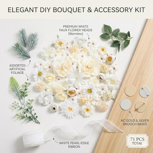 48 White Artificial Flowers, 12 Leaves, 1 Roll White Ribbon 4cm 50Yards, 10 Brooch Pins, DIY Floral Arrangement Set for Wedding Reception, Party, Graduation, Holiday Celebration - color: White