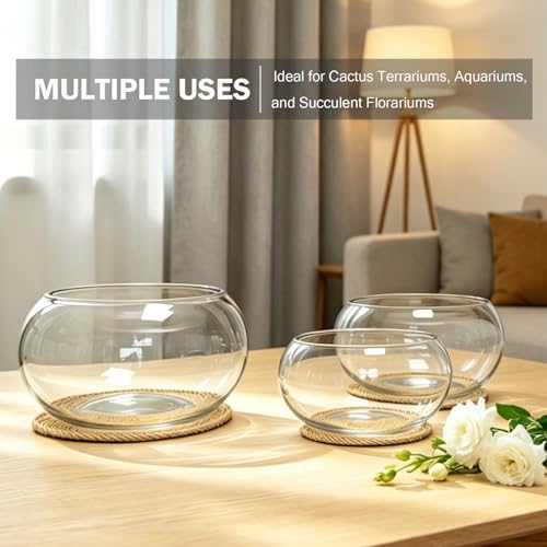 8" Round Glass Lotus Bowl Planter with Rattan Mat, Clear Indoor Hydroponic Water Lily Pot for Aquatic Plants, Bonsai & Lotus Flowers, Decorative Terrarium Bowl Vase, Fish Tank - size: 8 Inch
