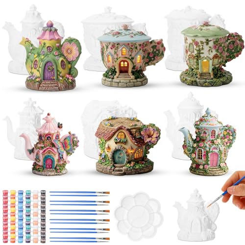 Thyle 6 Set 5 Inch Ceramics Fairy House to Paint Teapot Fairy Garden House Craft Kit Paint Your Own Mini Teapot Houses Statue for DIY Summer Arts and Craft Projects for Outdoor Yard Decor - style: Fairy Teapot
