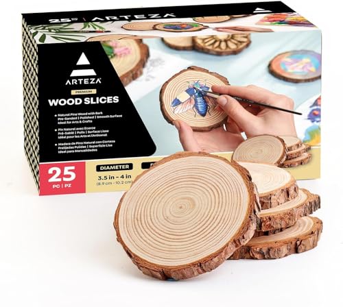 ARTEZA Natural Wood Slices, 3.5-4 Inch Diameter, Set of 25, Brown Round Pine Wood Discs with Bark for Crafts, Christmas Ornaments, Centerpieces - size: M