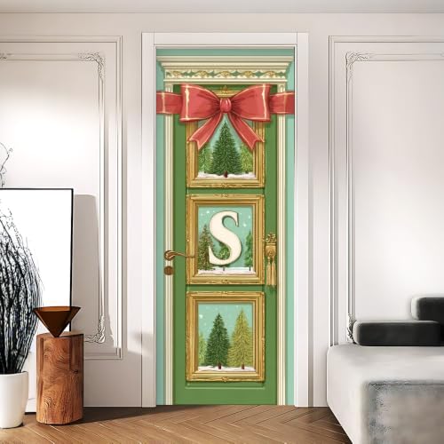 Christmas Green Pine Red Bow Gold Frame Door Mural 30.31x78.74in - color: Colorful1069
