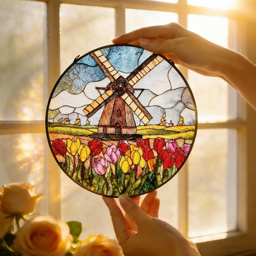 Stained Glass Window Hanging - 7.8" Dutch Windmill Tulip Field Suncatcher, Sun Catchers Indoor Window Ornament, Housewarming Gift, Mother's Day, Birthday Gifts for Mom, Grandma, Nature & Garden Lovers - color: Dutch Windmill Tulip