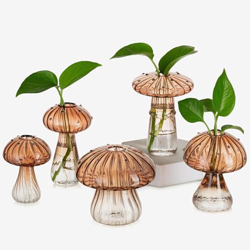 Glasseam Mushroom Glass Propagation Station, 5Pcs Amber Plant Terrarium Jar | Handmade Small Hydroponic Planters, Pothos Cutting Propagate, Indoor, Table Windowsill Decor, Gifts for Plant Lovers - color: Amber, size: 5