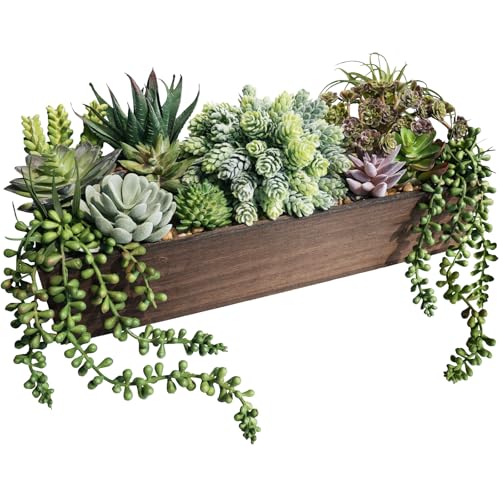 Winlyn Artificial Succulent Arrangement 15" Assorted Succulents Plants in Brown Rectangular Wooden Box Faux Potted Succulents Plant for Farmhouse Home Table Centerpiece Mantel Shelf Kitchen Décor - color: Brown