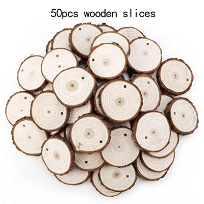 50pcs Wood Slices, BetterJonny 1.6-2 inch Undrilled Wooden Circles Predrilled with Hole Natural Wood Ornaments with 10 Meters Jute Rope for Arts DIY Craft - size: 50 Pcs (1.6-2 inch)