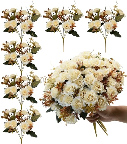 Rose Artificial Flowers Bouquet, 6 Packs Small Roses Flower, 10 Silk Rose Flowers Per Pack, Mini Fake Rose Flower Bunches, Miniature Roses for Decoration Home Wedding Table Centerpieces Decor, White - color: Autumn Collection in White