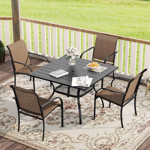 VICLLAX 5 Pieces Patio Dining Set, Outdoor Furniture Set Includes 1 Square Outdoor Table and 4 Stackable Patio Sling Chairs, Black Tabletop and Brown Fabric - color: Black Table/Brown Chairs, size: Table-37.8"x 28"