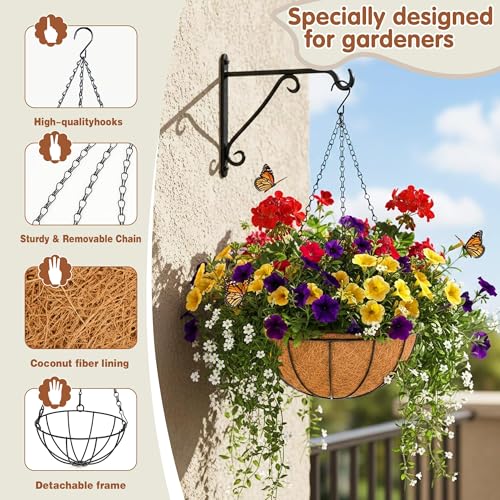 12 inch Metal Hanging Baskets For Plants Outdoor 4 Pack Round Metal Wire Hanging Basket Planter with Coco Fiber Liners Chain Round Wire Plant Holder for Garden, Patio, Deck, Porch Plants Flower Potss - size: 12 Inch, style: Watermelon