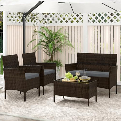 KOTEK 4 Piece Patio Furniture Set, Outdoor Rattan Conversation Set with Loveseat, Wicker Chairs, Tempered Glass Coffee Table, Wicker Patio Set for Backyard, Porch (Grey) - color: Grey
