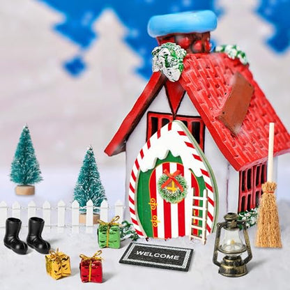 Haooryx Christmas Elf Garden Miniatures - 16Pcs Christmas Wooden Miniature Magic Fairy Doors Decoration Kit Elf Magic Door Wall Fairies Xmas Winter Xmas New Year Decor(Dripping Snow Doorframe)