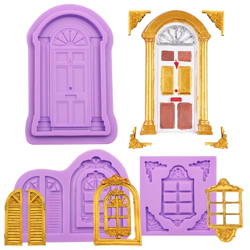 Window Silicone Fondant Molds, Door Chocolate Molds for Cake Decoration Cupcake Topper Candy Gum Paste Sugar Craft Polymer Clay Set of 3 - color: purple(m244)