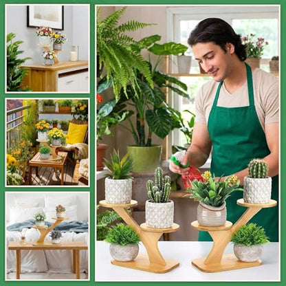 4 Pcs Bamboo Plant Stand for Indoor 3 Tiers Succulent Windowsill Shelf Small Tabletop Plant Flower Holders for Home Garden Patio Lover Gift Office Living Room Bedroom Decoration
