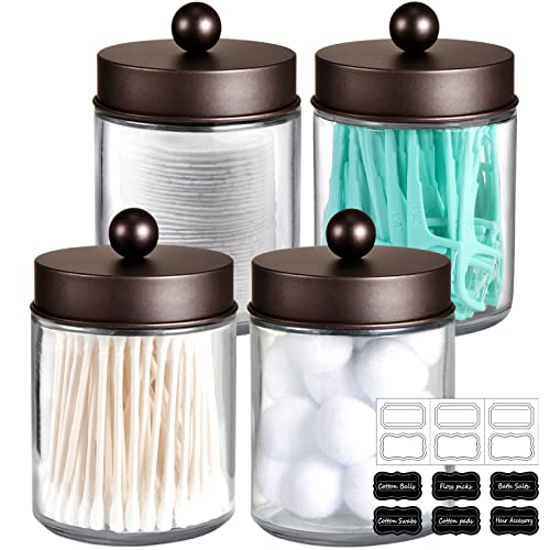 Amolliar Glass Apothecary Jar Qtip Holder Metal Lids 4pc/Bronze | Bathroom Decor Countertop Vanity Storage Organizer Set for q tip holder,Cotton Swabs/Rounds,Makeup Sponges,Cute Stickers - color: Bronze