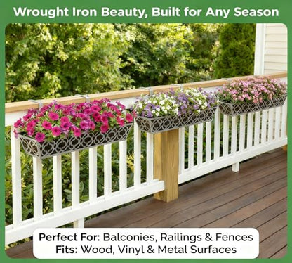 Y&M 30'' Hanging Railing Planter Box Set with Black Non-Woven Fabric Liner, 4 Pcs Large Metal Flower Boxes with Adjustable Brackets for Balcony, Deck, Fence, and Garden - Gray - color: Flower 30in 4p-gray