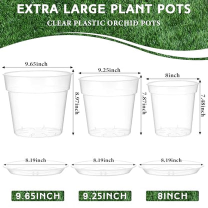 3 Pack Clear Nursery Pot,8 Inches,9.25 Inches,9.6 Inch | Drainage Hole, Large, Variety, Clear Plant Pots with Trays, Indoor Outdoor, Vegetable Propagation, Seed Starting - size: 8 Inches, 9.25 Inches, 9.65 Inches