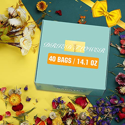 40 Bags Natural Dried Flowers Kit, Natural Dried Herbs with 2 Mesh Drawstring Bag for Soap,Candle,Resin Jewelry Making,Bath,Nail - Rose Petals,Rosebuds,Lilium,Jasmine,Don't Forget Me and More - color: 40 Bags*10g