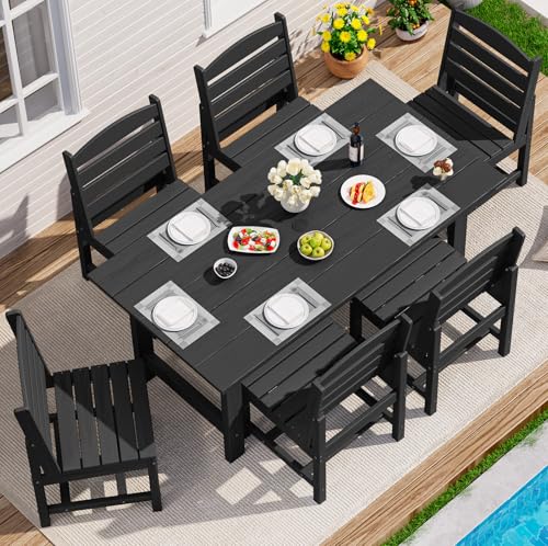 SERWALL Armless Outdoor Dining Set, Patio Dining Set for 6, Black - color: Black, size: 7-Piece (1 Table + 6 Armless chairs)