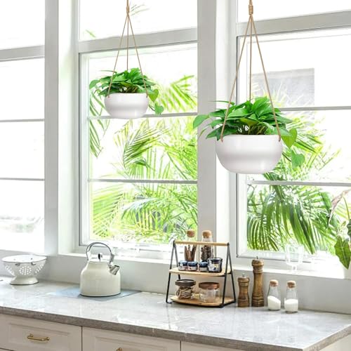 Ceramic Hanging Planters for Indoor Outdoor Plants,8 in Modern Plant Pot Round Porcelain Hanger Basket with Rope Hanging Plant Holder Drainage Flower Pot for Herbs Ferns Ivy Pothos,White