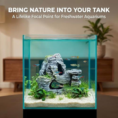 Resin Aquarium Mountain Decor with Moss Rock Cave - Multi-Level Terrain for Fish Tank Landscaping, Natural-Looking Rockery Design with Hidden Cave and Crevices for Shrimp, Reptile Habitat Aquascaping