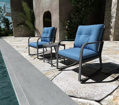 Bistro 3 Piece Patio Furniture Set, Patio Table and Rattan Outdoor Rocking Chairs Set of 2, Outdoor Bistro Conversation Set for Garden, Balcony, Poolside, Backyard, Blue - color: Blue