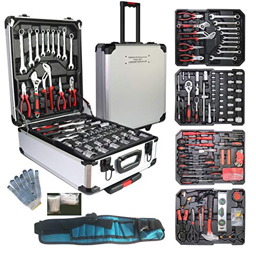 Arcwares 799pcs Aluminum Trolley Case Tool Set Silver, House Repair Kit Set, Household Hand Tool Set, with Tool Belt,Gift on Father's Day (Silver) - color: Silver