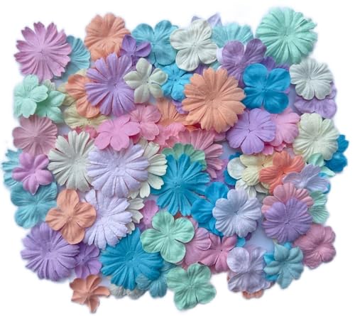100 Pcs Handmade Mixed Mulberry Paper Flowers 30 mm - 1.5 Inch Scrapbooking Wedding DIY Craft Supplies Card. (Mixed Flowers Pastels) - color: Mixed Flowers Pastels