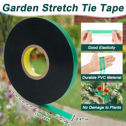 MAQIHAN Stretch Garden Tape Roll - 1/2" Plant Tape for Climbing Plants | Reusable Vinyl Plant Ties for Outdoor Plants, Green Gardening Tapes for Tomatoes, Flowers, Branches, Tree Support, 150 Feet