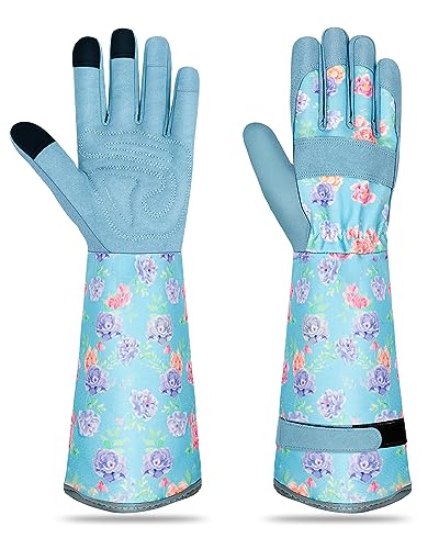 Long Gardening Gloves for Women Thorn Proof Leather Garden Gloves Breathable Working Gloves for Women Yard Outdoor - color: Cream Blue-large