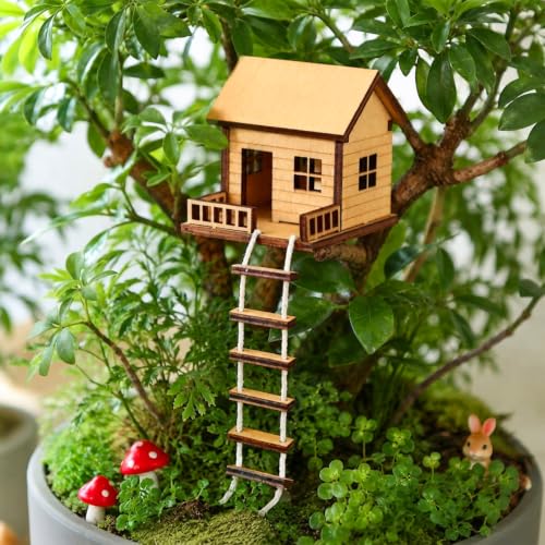 Cabinwood Mini Treehouse with Hanging Ladder for Indoor Plant Pots | Plant Mini Treehouse, Miniature Flower Pot Tree House with dangling rope ladder, moss gardens, terrariums & desktop decor - style: Cabinwood