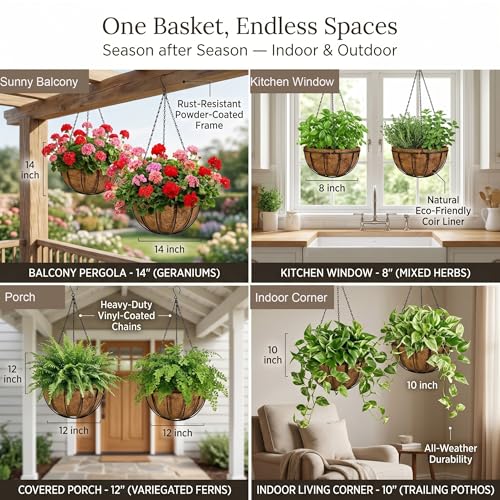Kingbuy 10 Inch Metal Hanging Planter Basket with Coconut Liner Wire Plant Holder Watering Flower Baskets Round Pot Hanger Garden Decoration for Indoor Outdoor - size: 10 Inch, style: 1 Pack