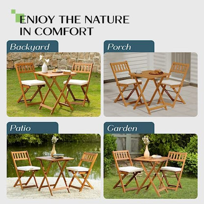 IDZO Heavy Duty 400lbs Capacity Patio Bistro Sets, 3 Piece Outdoor Folding Chairs with Cushions and Square Table, FSC-Certified Acacia Wood, Space-Saving Design for Balcony, Garden and Porch - color: Square Table, style: Classic Bistro Set