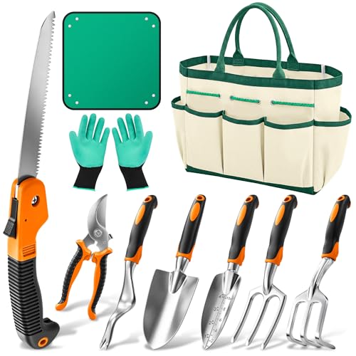 Garden Tool Set Gardening Tools - Heavy Duty Aluminum Tool Kit with Non-Slip Handle, Gardening Gloves and Tool Bag for Weeding, Planting and Pruning, Gifts for Women Mom (Orange Set) - color: ORANGE SET