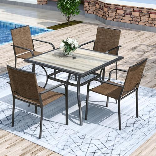 Anmutig 5-Piece Outdoor Dining Set, 37" Square Patio Table 4 Chairs, Brown - color: Brown Fabric + Black Frame, size: 37"*37"*28"