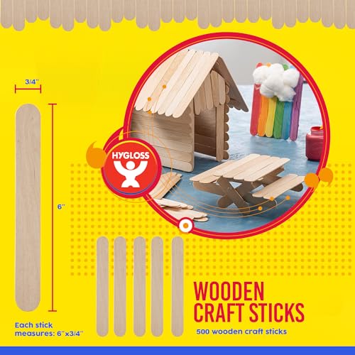 Hygloss Natural Wood Jumbo 6-Inch Craft Sticks – 500 Count - Smooth and Splinter-Free Jumbo Popsicle Sticks Ideal for Ice Cream Pop Sticks, Treat, DIY Projects, Crafting, Games, Home and School Use - color: Natural Wood, size: 6-Inch Standard, style: 500