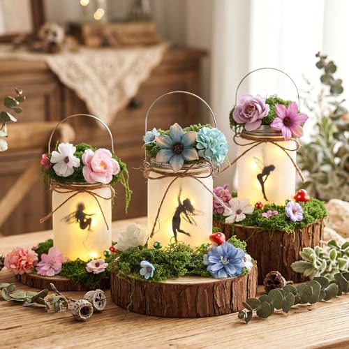 Enchanted Forest Fairy Lantern Craft Kit Garden Table Decoration | with 3 Light Mason Jars, Frosted String Lights, Artificial Moss, Mushrooms, Silhouettes Flowers, for DIY Creative Activities