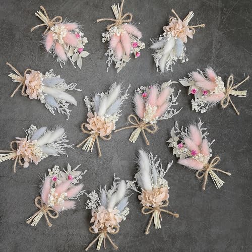 Mini Dried Flower Bouquet Set (12 pcs), Pink Bouquet, Birthday Cake Arrangement, Bridesmaid Flower Girl Proposal Gift Box, Groom Corsage(Pink) - color: Pink
