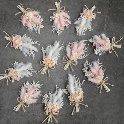 Mini Dried Flower Bouquet Set (12 pcs), Pink Bouquet, Birthday Cake Arrangement, Bridesmaid Flower Girl Proposal Gift Box, Groom Corsage(Pink) - color: Pink