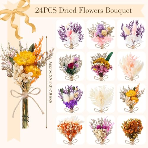12/24 PCS Charming Dried Flowers Bouquet for Vase | Various Mini Dried Wildflowers with Stems Handmade Wildflowers Natural Real Flowers Bulk Flowers Craft (Blossoms, 24 PCS) - color: Blossoms