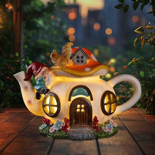twinbling Solar Fairy House Garden Outdoor Statue with Gnome and Squirrel Figurine, Fairy Garden Accessories for Patio, Lawn, Yard & Balcony, Gifts for Mom Grandma - color: Gnomes