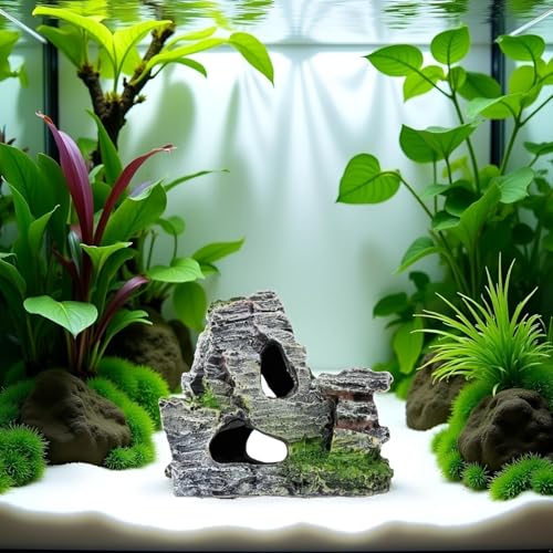 Resin Aquarium Mountain Decor with Moss Rock Cave - Multi-Level Terrain for Fish Tank Landscaping, Natural-Looking Rockery Design with Hidden Cave and Crevices for Shrimp, Reptile Habitat Aquascaping