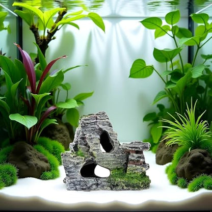 Resin Aquarium Mountain Decor with Moss Rock Cave - Multi-Level Terrain for Fish Tank Landscaping, Natural-Looking Rockery Design with Hidden Cave and Crevices for Shrimp, Reptile Habitat Aquascaping
