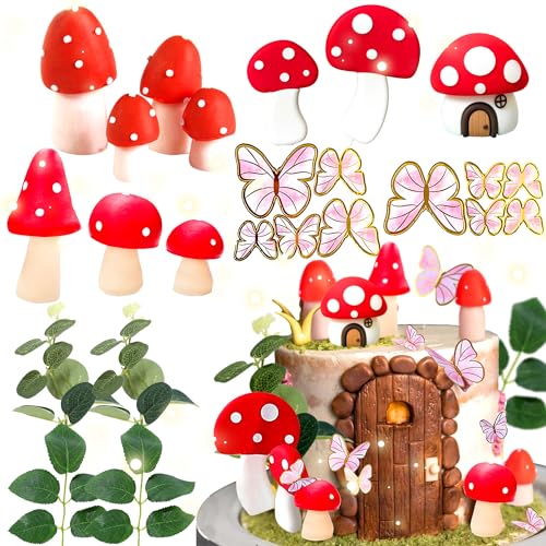 JeVenis Red Mushroom House Cake Decoration Fairy Garden Theme Cake Topper - style: RED
