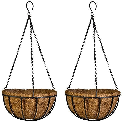 Kingbuy 14" Metal Hanging Basket with Coconut Liner – 6.5" Depth, Rust-Resistant Wire for Ferns & Herbs, Adjustable Chains & S-Hook for Balcony Porch Kitchen Window, 2 Pack - size: 14 Inch, style: 2 Pack